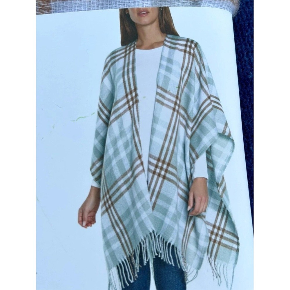 Three Dots ~ Cashmere Blend Wrap ~ Fringe ~ Tan & Gray Plaid ~ New